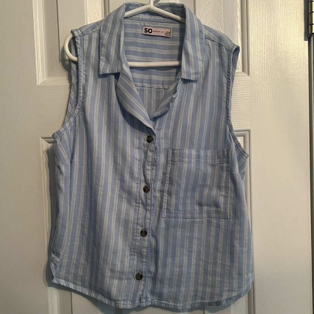 Blue and white stripped button up sleeveless top